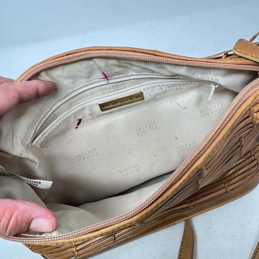 Vintage Valerie Stevens Crossbody Bag Tan Medium Woven Leather Vintage Boho